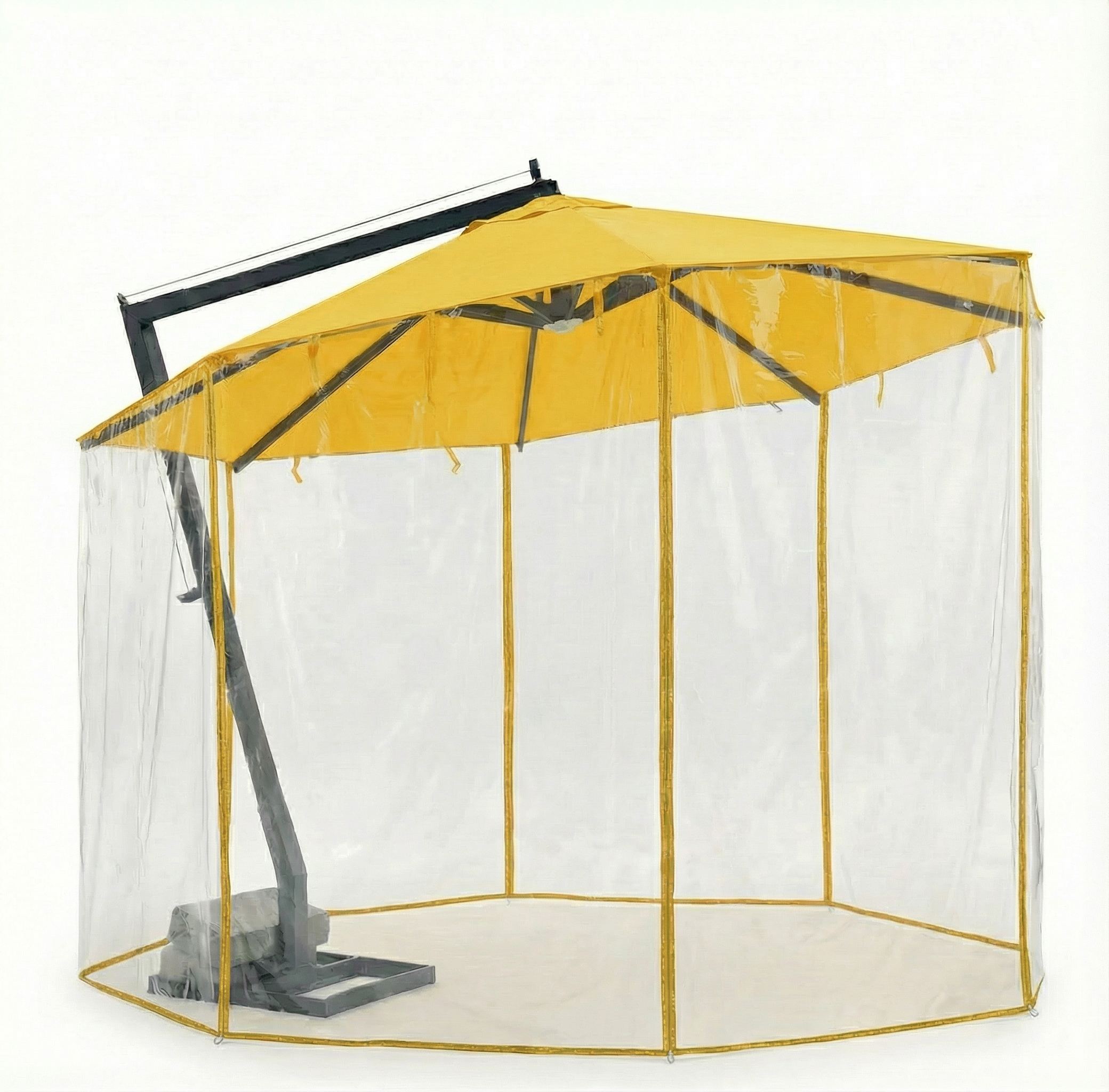 سایبان چتری ۵ متری پایه کنار آلاچیقی با طلق پلاستیکی