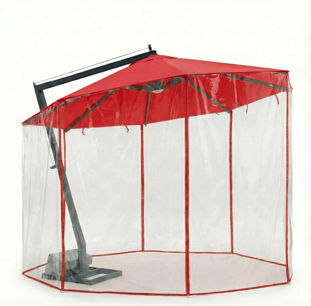 سایبان چتری ۳ متری پایه کنار آلاچیقی با طلق پلاستیکی